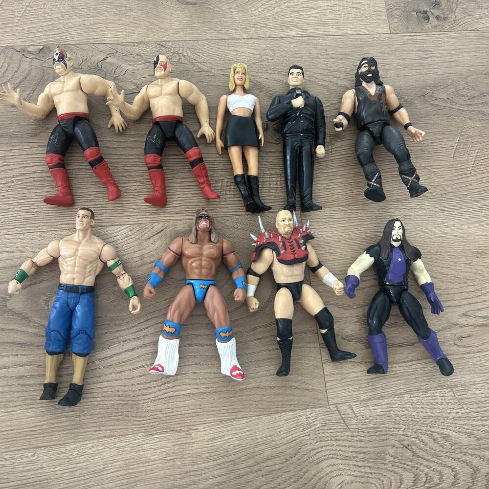 Vtg 90s LOT of 8 WWF 6” Jakks Action Figures, Wrestlers Announcer Girl John Cena